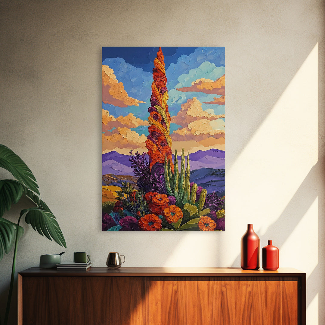 Cactus Bloom, Sunset, Desert, Canvas Print southwest desert flower art, blooming cactus painting, bright desert landscape, office decor