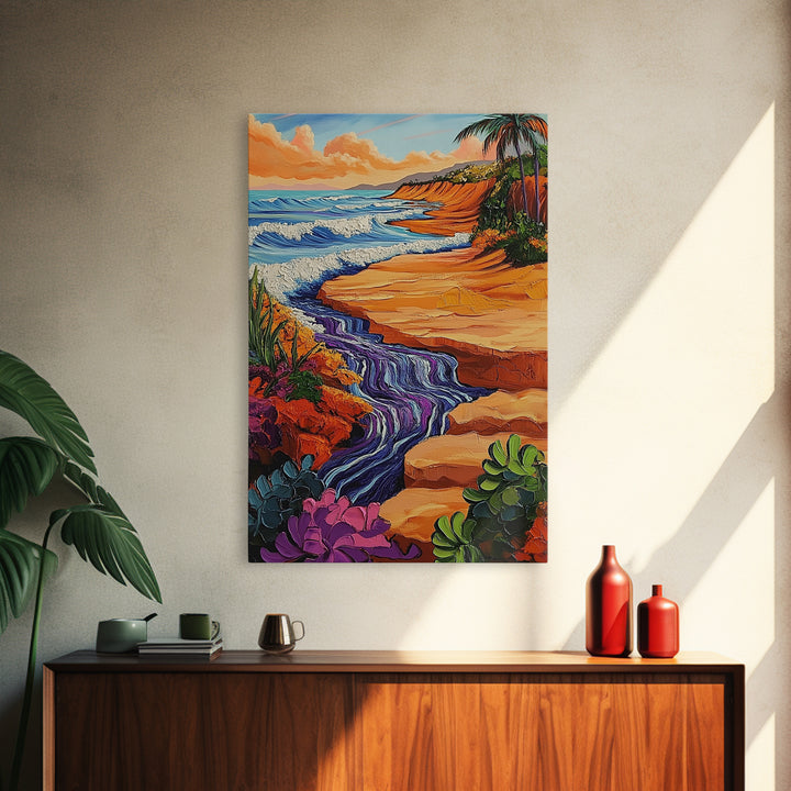 Beach Cliff, Waterfall, Sunset, Canvas Print bold beachside cliff art, ocean waterfall wall decor, coastal boho painting, living room print