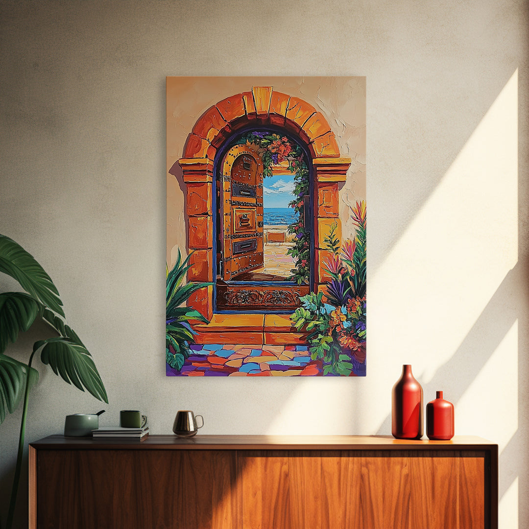 Doorway Ocean, View, Escape, Framed Canvas Print, Mediterranean coastal decor, boho travel wall art, vibrant entryway art, hallway decor