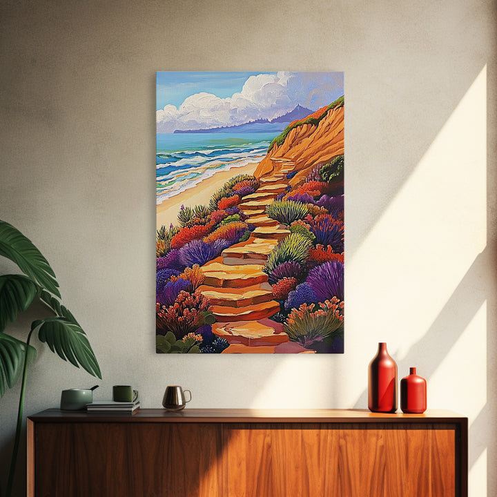 Ocean Trail, Bloom, Cliffside, Framed Canvas Print, Vibrant beach path painting, floral coastal art, boho landscape wall décor