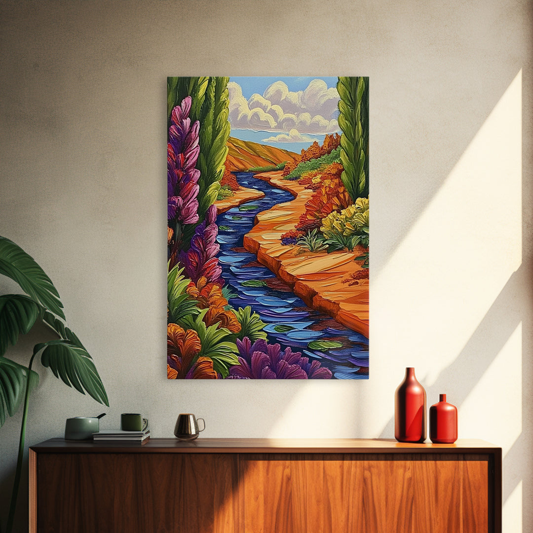 River Canyon, Fall, Flowers, Framed Canvas Print, Autumn Nature Artwork, Cozy Cabin Decor, Warm Earth Tones, Living Room Wall Art