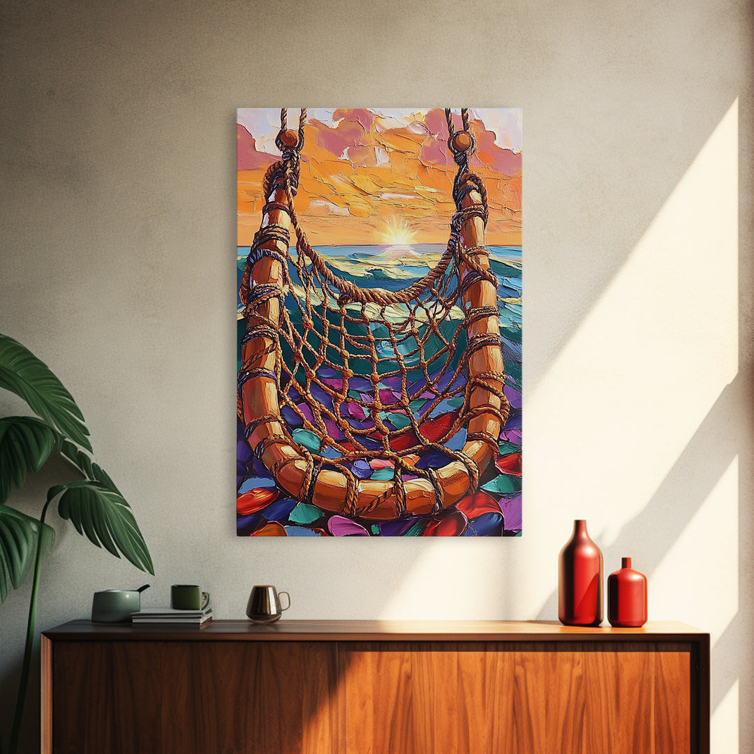 Ocean Hammock, Sunset, Boho, Framed Canvas Print dreamy hammock wall art, ocean sunset boho painting, coastal beach decor, patio art