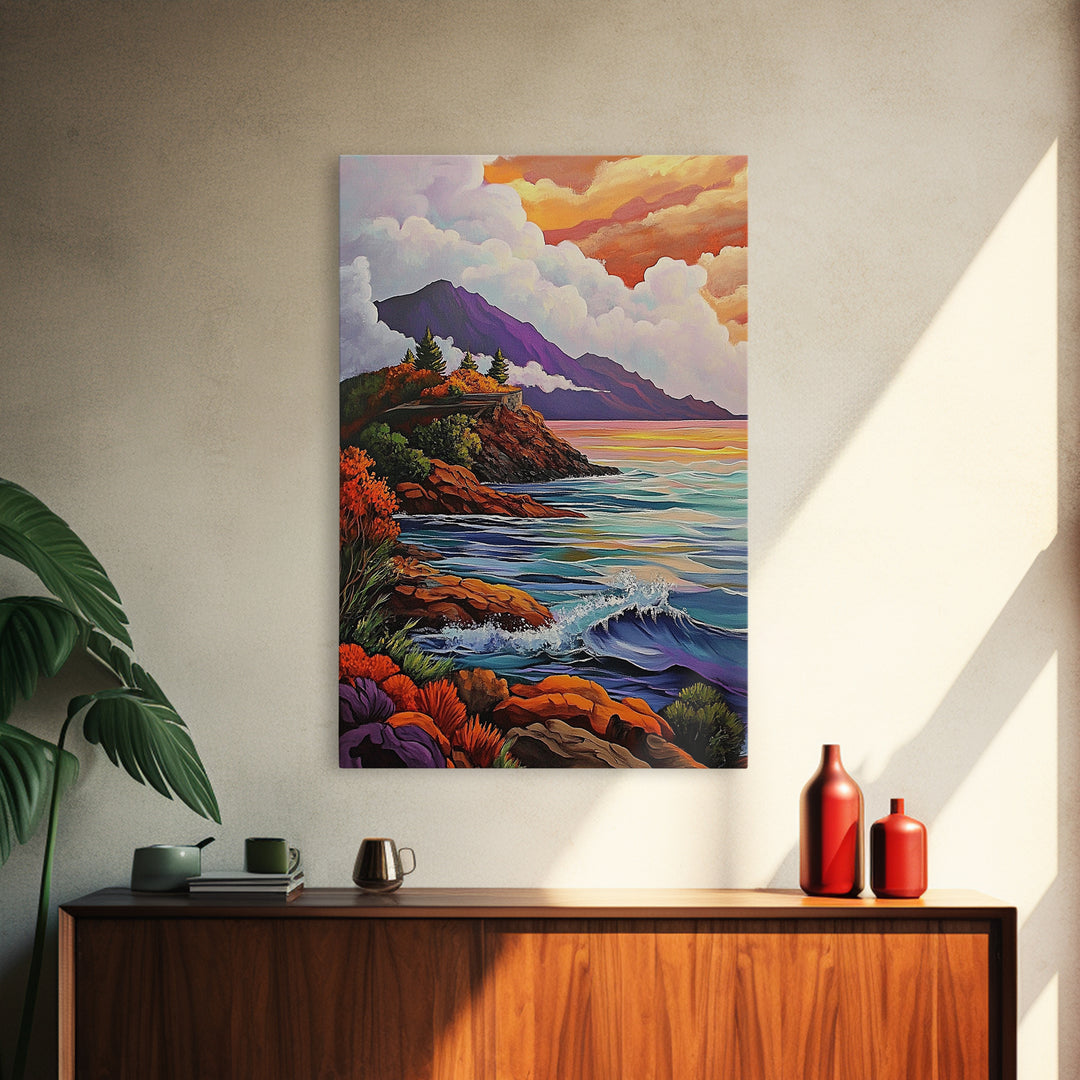 Cliffs Waves, Mountains, Autumn, Framed Canvas Print, coastal cliffs wall art, crashing waves painting, Autumn landscape, living room decor