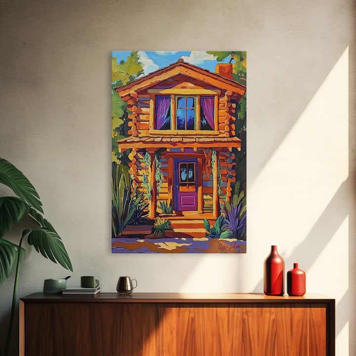 Cabin Cozy, Rustic, Nature, Framed Canvas Print log cabin wall art, autumn home decor, rustic living room print, woodland boho wall decor