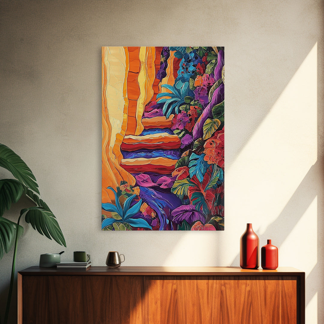 Canyon Path, Vibrant, Nature, Canvas Print bold textured painting, desert botanical wall decor, hallway art, southwest boho jungle print