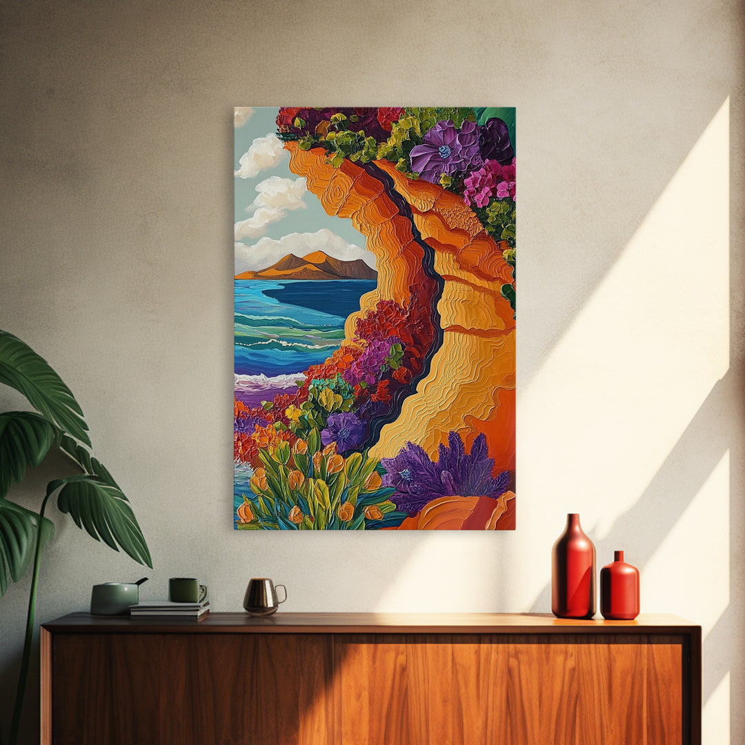 Cliffside Flowers, Ocean, Landscape, Framed Canvas Print floral coastal wall art, textured seaside painting, beach house decor, boho art style