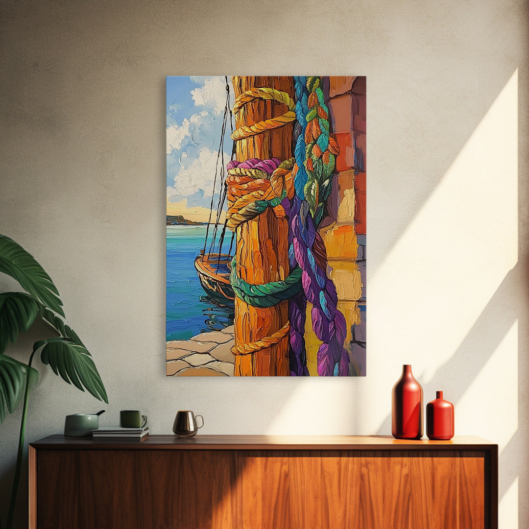 Boat Dock, Ropes, Framed Canvas Print, Nautical Coastal Wall Art, Vibrant Marina Scene, Boho Seaside Decor, Bathroom art, Office Wall Art