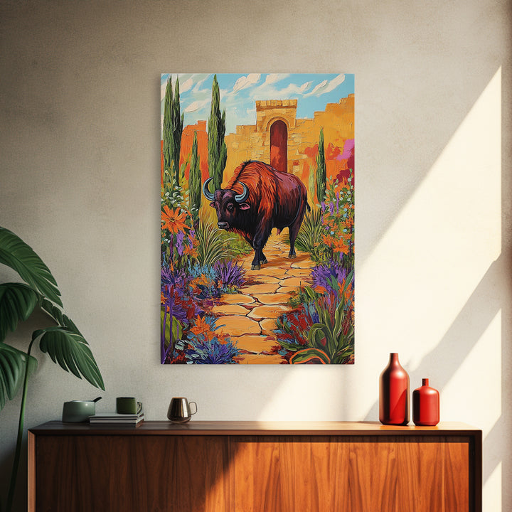 Bison Path, Desert, Framed Canvas Print, Southwest Bull Wall Art, Rustic Western Decor, Vibrant Nature Boho Style, Entryway Wall Art
