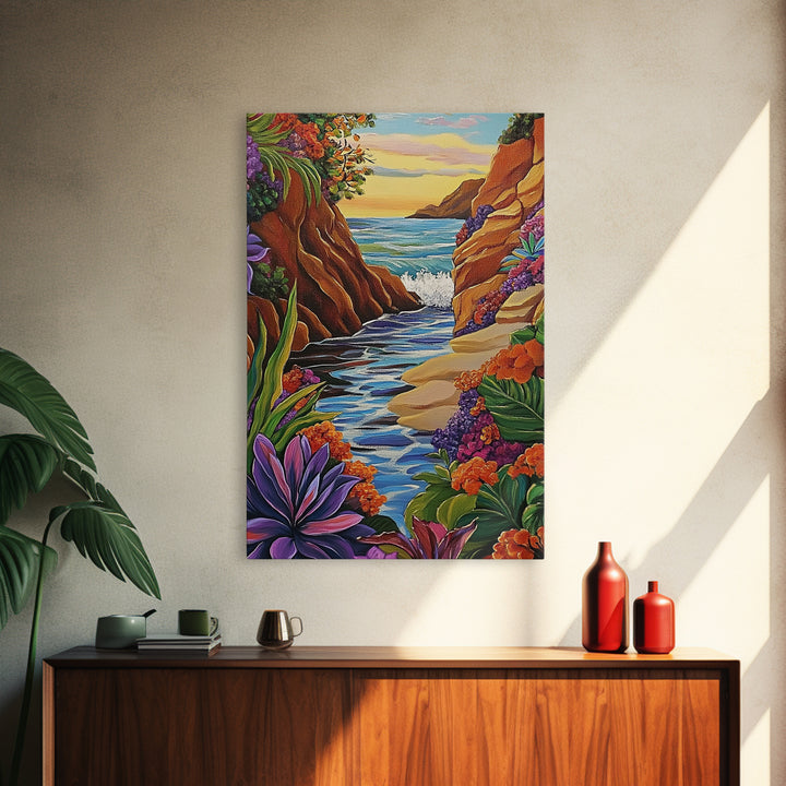 Cliff Ocean, Sunset, Framed Canvas Print, Bold Coastal Canyon Wall Art, Vibrant Nature Decor, Boho Landscape Style, Bedroom Wall Art