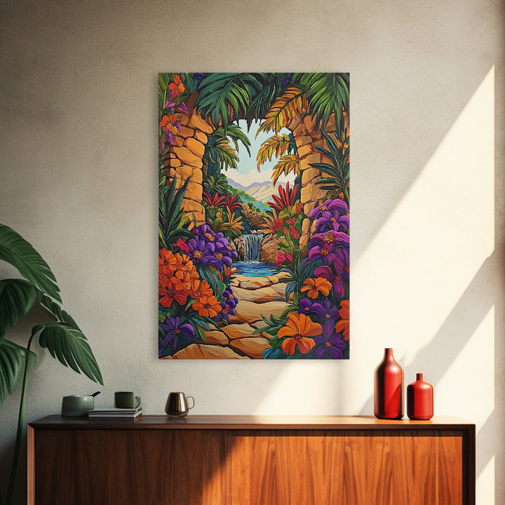 Archway Jungle, Waterfall, Framed Canvas Print, Exotic Tropical Wall Art, Bold Jungle Landscape Decor, Entryway art, Bathroom Wall Art