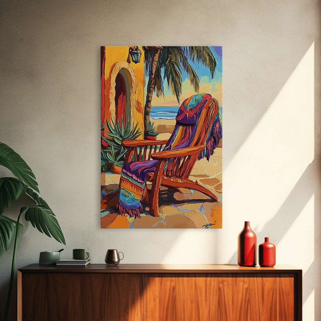 Chair Blanket, Breeze, Shore, Canvas Print, beach chair art, coastal boho decor, sunny retreat wall art, tropical relaxation, porch vibes