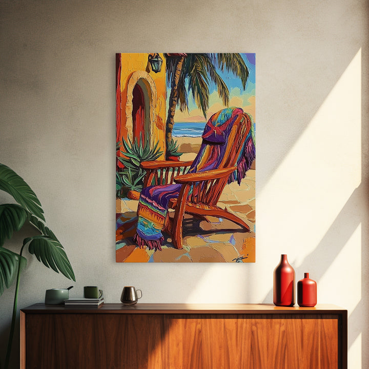 Chair Blanket, Breeze, Shore, Canvas Print, beach chair art, coastal boho decor, sunny retreat wall art, tropical relaxation, porch vibes