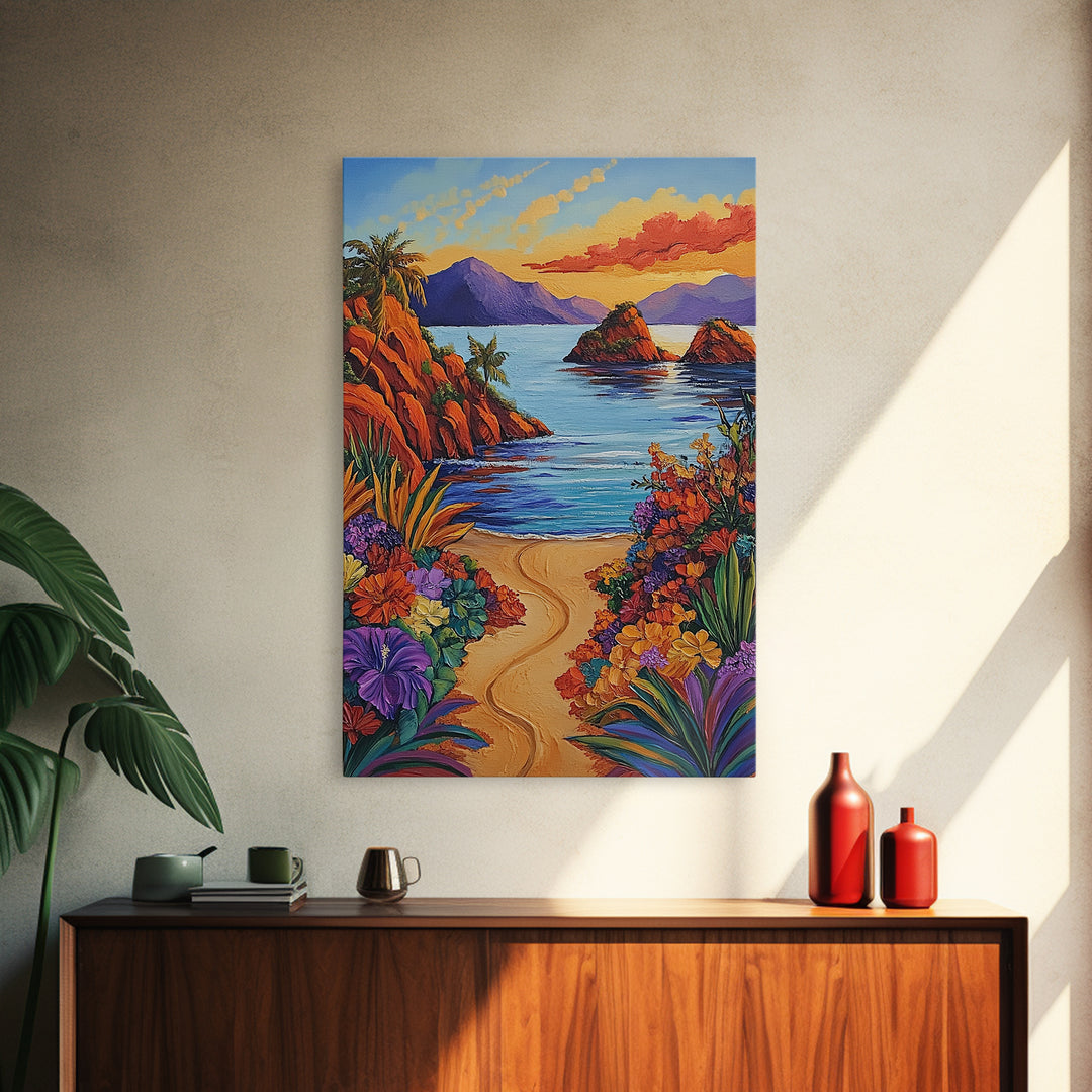 Beach, Sunset, Tropical, Floral Framed Canvas Print, Coastal Living Room Wall Art, Island Paradise Decor, Vibrant Summer Artwork
