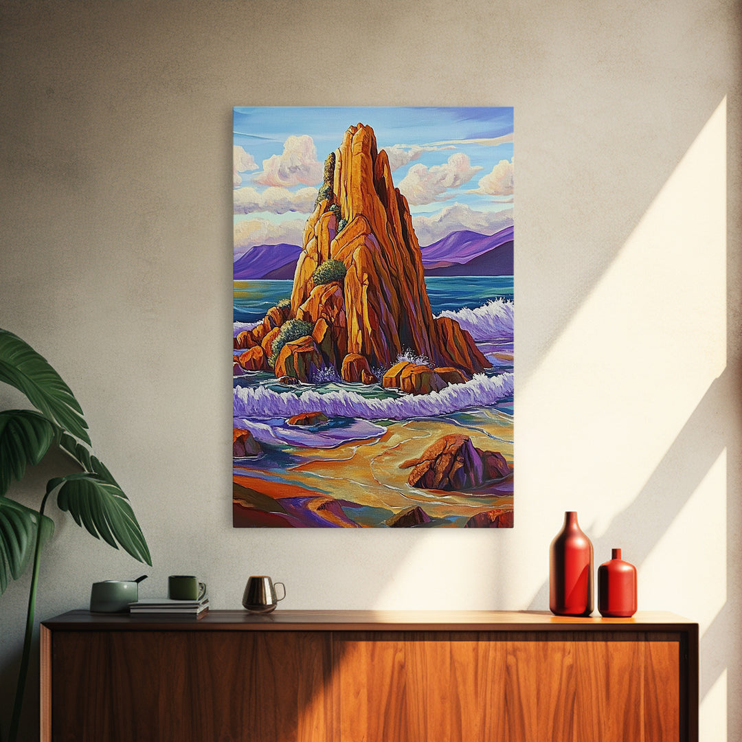 Ocean Cliff, Coastal, Bold Framed Canvas Print, Nature Inspired Bathroom Wall Art, Seaside Landscape Decor, Vibrant Rocky Shoreline