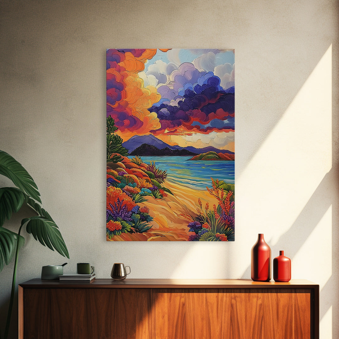 Clouds Sunset, Beach, Scenic Canvas Print, Colorful Coastal Wall Art, Vibrant Nature Landscape, Fall Living Room Art Piece