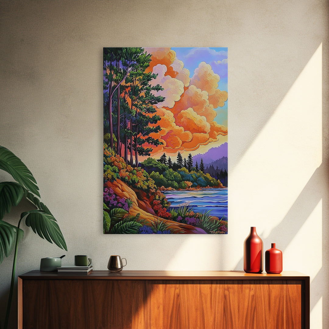 Pine Forest, Sunset, River, Framed Canvas Print, vibrant mountain art, autumn wall decor, cozy cabin wall art, rustic lodge artwork