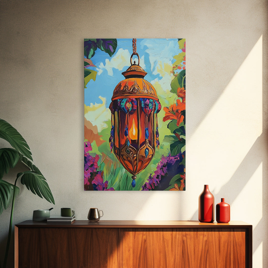 Boho Lantern, Glow, Garden, Framed Canvas Print, Moroccan Lantern Art, Boho Wall Decor, Eclectic Lighting Artwork, Patio Living Room Art