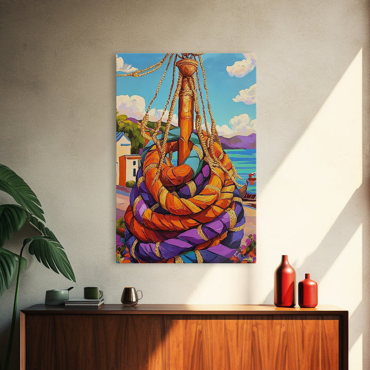 Nautical Rope, Dock, Summer, Framed Canvas Print, Nautical Rope Wall Art, Summer Decor, Bright Harbor Painting, Beach House Wall Accent