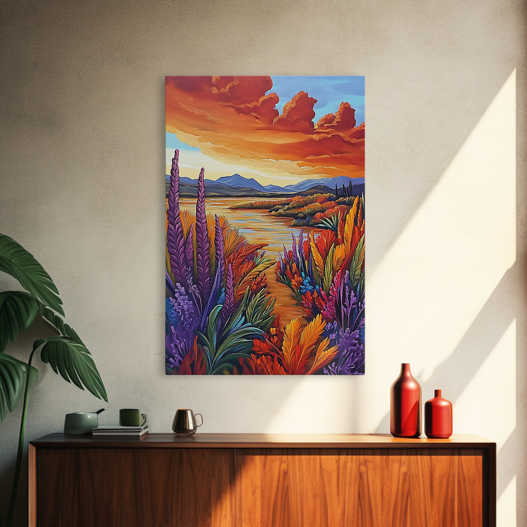 Autumn Lake, Trail, Fall Landscape Painting, Warm Sunset Wall Decor, Living Room Boho Vibes, Framed Canvas Print