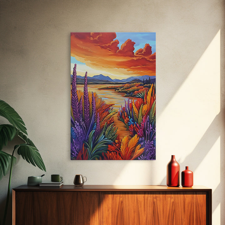 Autumn Lake, Trail, Fall Landscape Painting, Warm Sunset Wall Decor, Living Room Boho Vibes, Framed Canvas Print