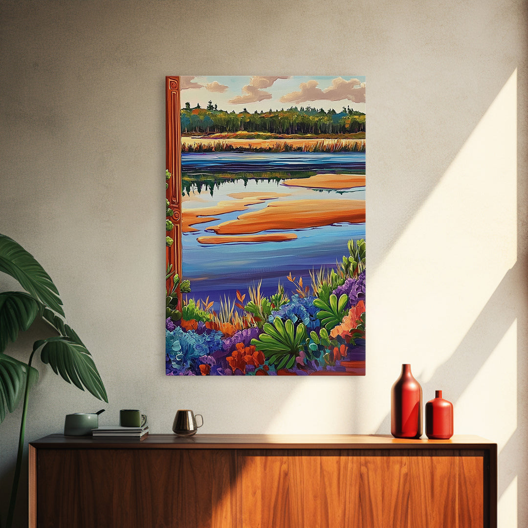 River Marsh, Reflection, Nature Landscape Canvas Print, Peaceful Lake Wall Art, Dining Room Decor, Tranquil Scenic Artwork