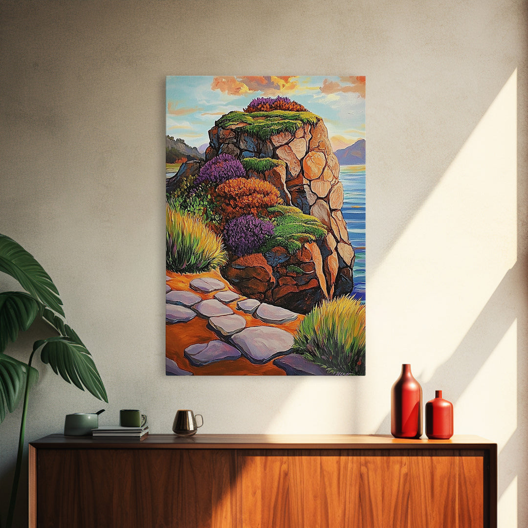 Rocky Cliff, Ocean, Wildflowers Canvas Print, Vibrant Coastal Wall Art, Hallway Nature Scene, Colorful Landscape Painting