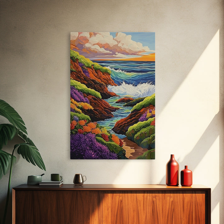 Ocean Cliffs, Wildflowers, Vibrant Coast Framed Canvas Print, Spring Beach Wall Art, Boho Living Room Decor, Bold Coastal Art
