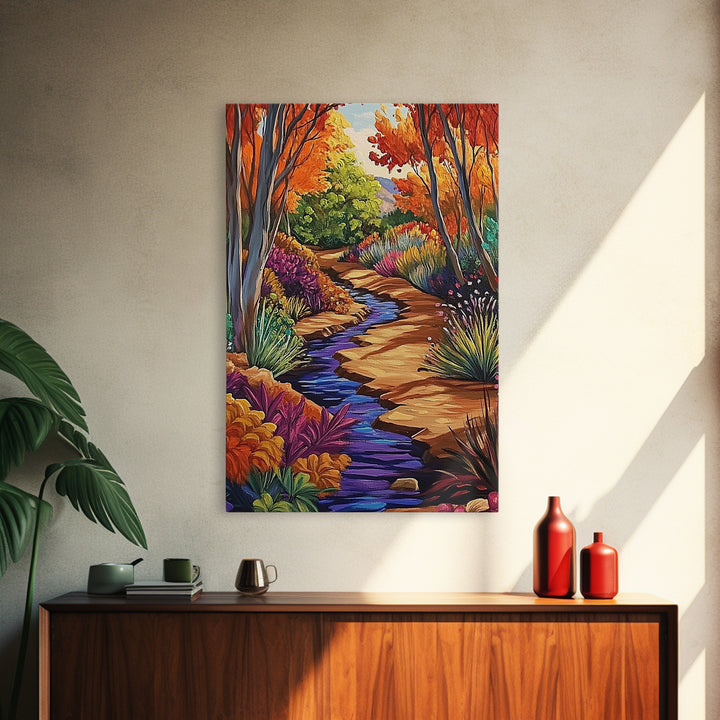 Autumn Forest, Stream, Pathway, Framed Canvas Print, Fall Nature Wall Art, Cozy Cabin Decor, Boho Living Room Landscape Artwork