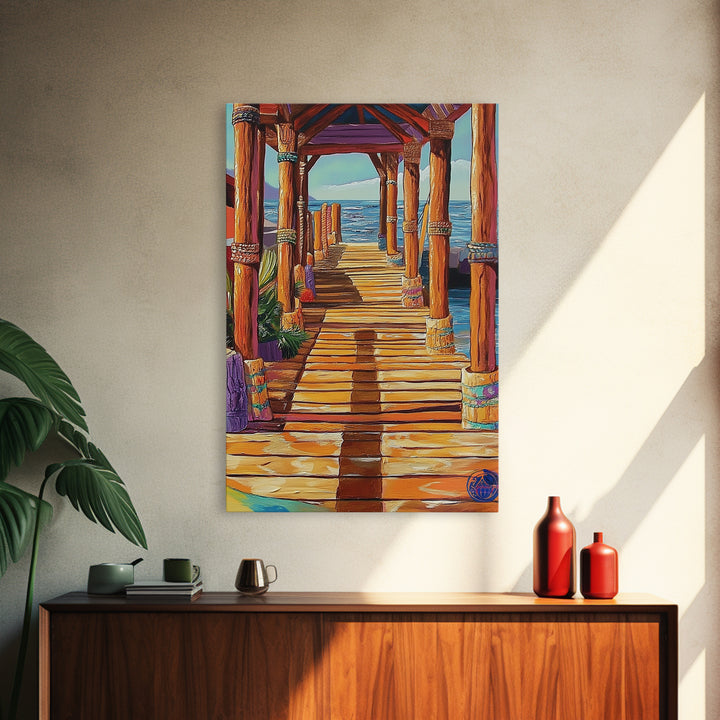 Dock Ocean, Pier, Sunset, Framed Canvas Print, Nautical Coastal Wall Art, Beach House Entryway Decor, Rustic Seaside Living Room