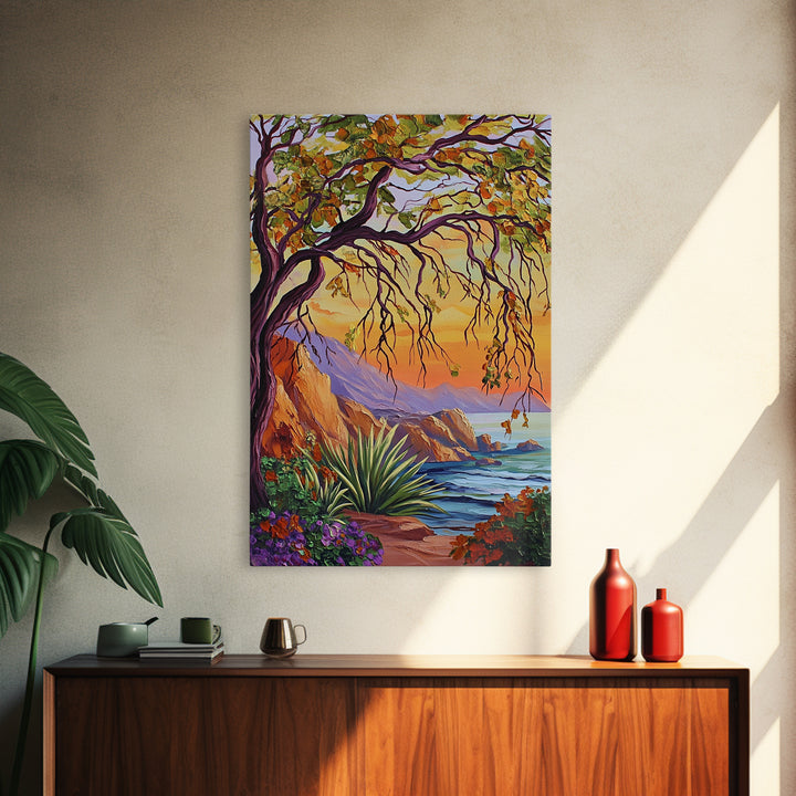 Coastal Tree View, Ocean Cliff Art, Sunset Seascape Painting, Nature Wall Decor, Framed Canvas Print, Hallway Wall Art, beach house art
