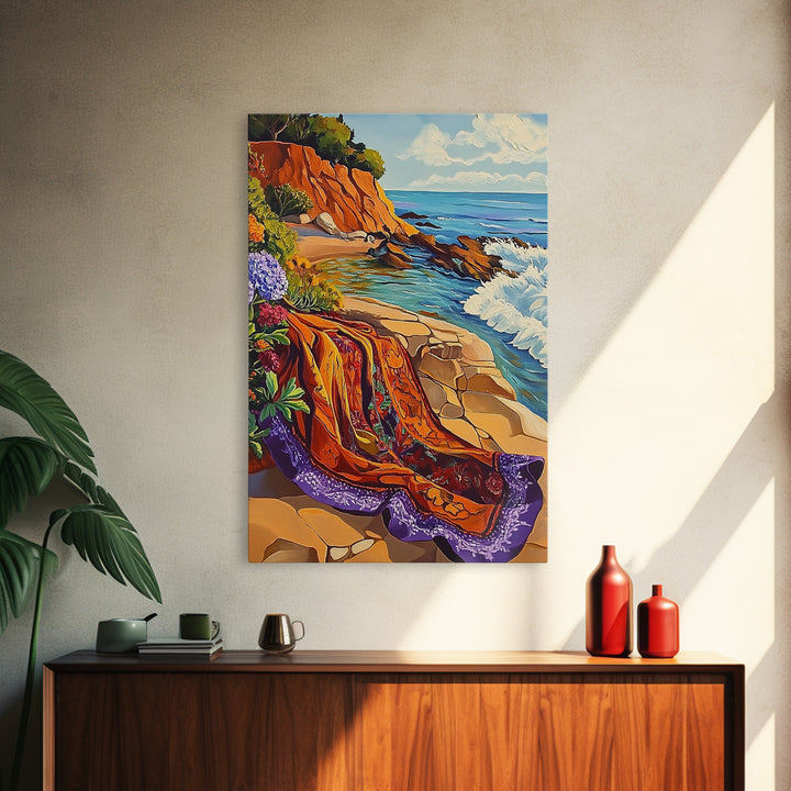 Ocean Blanket, Coast, Framed Canvas Print, Coastal boho art, beach blanket painting, vibrant seashore scene, bedroom wall art, summer vibes