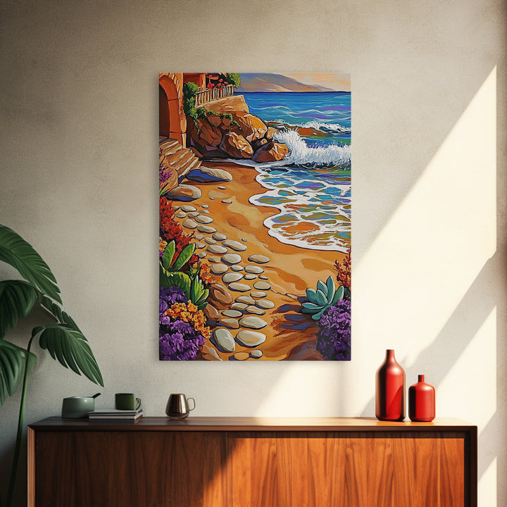 Coastal Path, Beach Steps, Ocean View, Canvas Print, tropical art, relaxing decor, vibrant seascape, Bathroom Wall Art