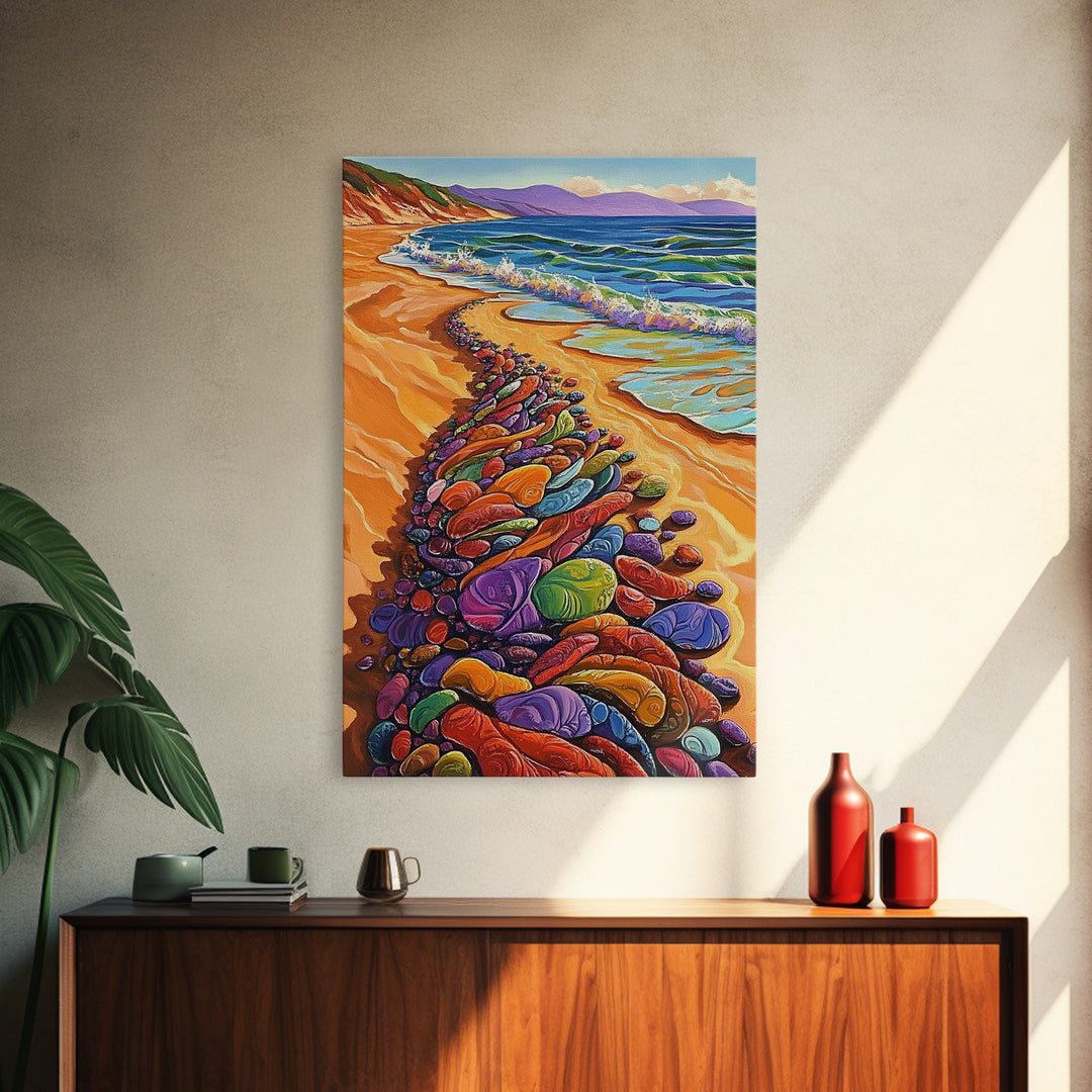 Colorful Rocks, Coastal Art, Vibrant Beach, Framed Canvas Print, nature-inspired painting, whimsical art, Hallway Wall Art