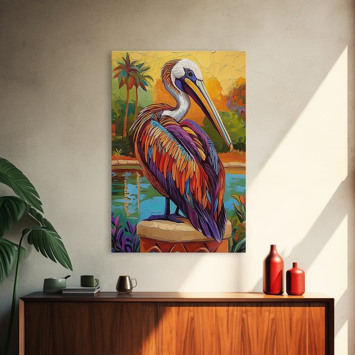 Pelican Portrait, Coastal Bird, Tropical Scene, Canvas Print, beach house decor, boho coastal art, Wildlife Painting, Living Room Wall Art