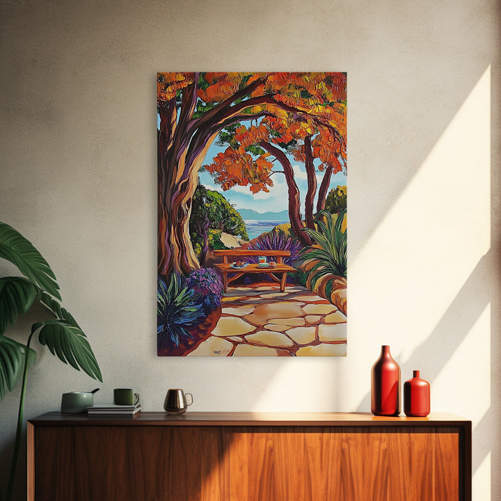 Autumn Table, Garden Path, Scenic View, Framed Canvas Print, cozy fall art, rustic decor, nature painting, Dining Room Wall Art