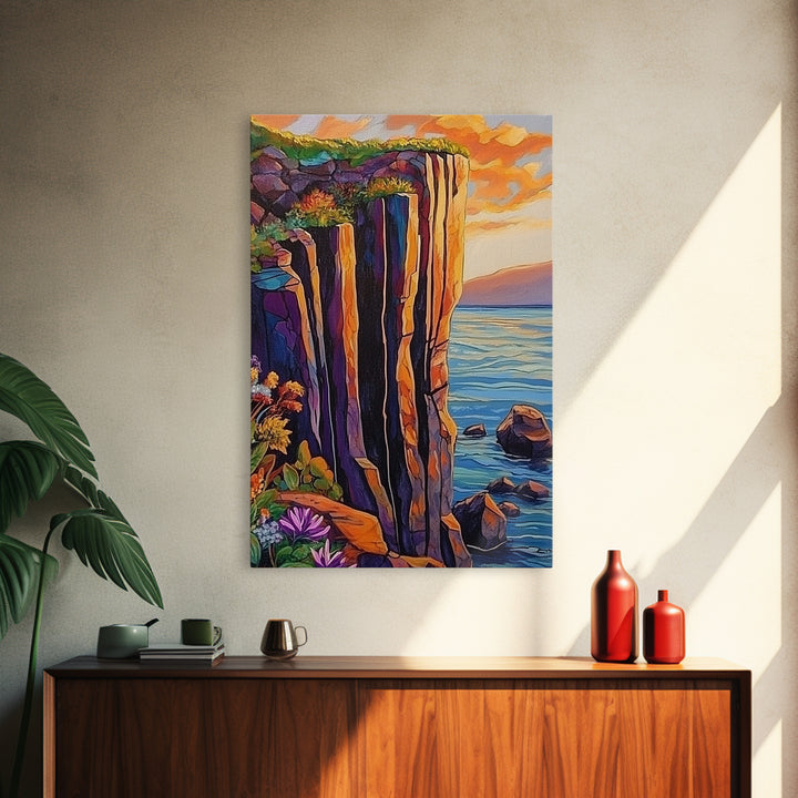 Cliff Sunset, Sea, Canvas Print, Bold coastal wall art, rocky cliff painting, dramatic sunset scene, office or den decor, nature inspired art
