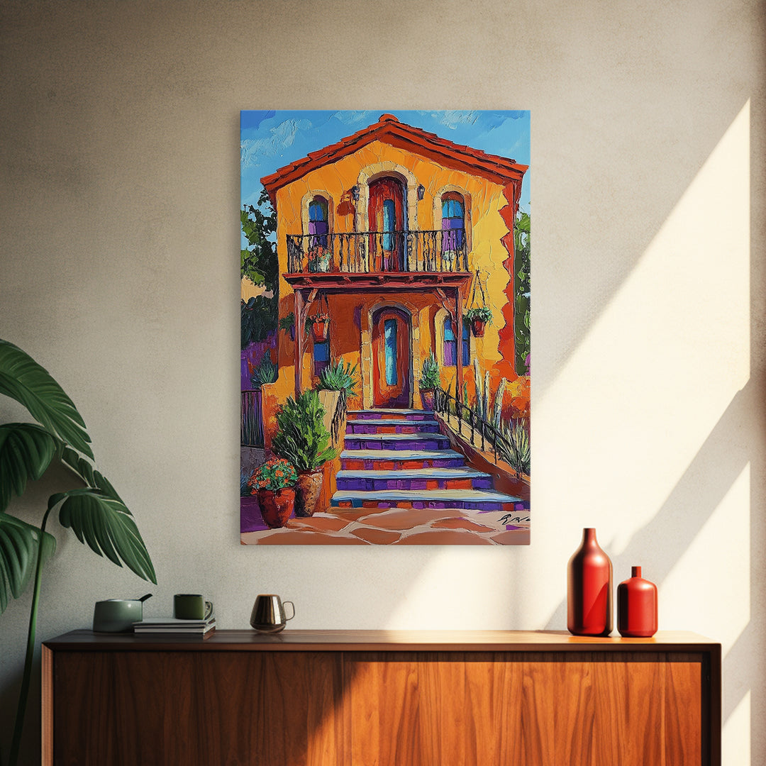 Adobe House, Vibrant Southwest, Fall Architecture Wall Art, Canvas Print, Rustic Staircase Scene, Boho Living Room Decor, Warm Entryway Art