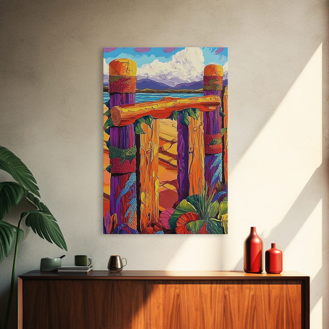 Coastal Fence, Sunset Vibes, Colorful Beach, Ocean Breeze, Framed Canvas Print, Beach House Wall Art, Vibrant Seascape, Tropical Boho Art