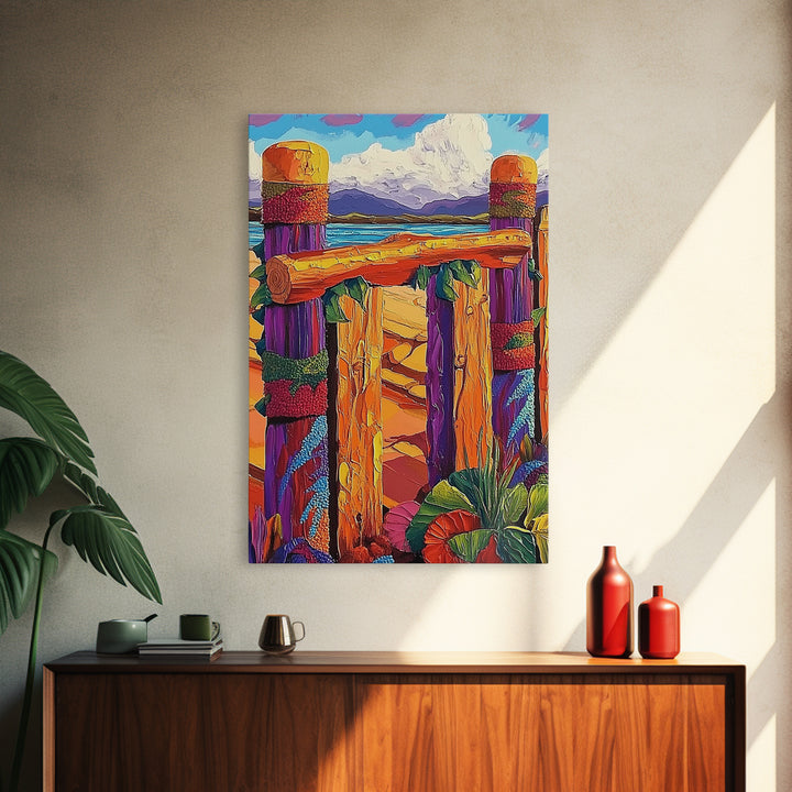 Coastal Fence, Sunset Vibes, Colorful Beach, Ocean Breeze, Framed Canvas Print, Beach House Wall Art, Vibrant Seascape, Tropical Boho Art