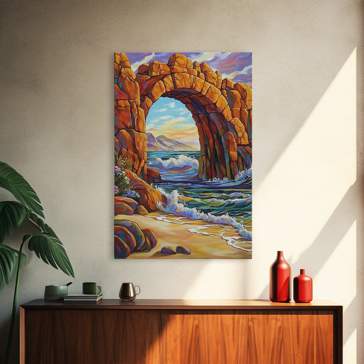 Ocean Arch, Wave Drama, Cliff Coast, Sunset Light, Framed Canvas Print, Living Room Wall Art, Coastal Landscape, Nature Inspired Art