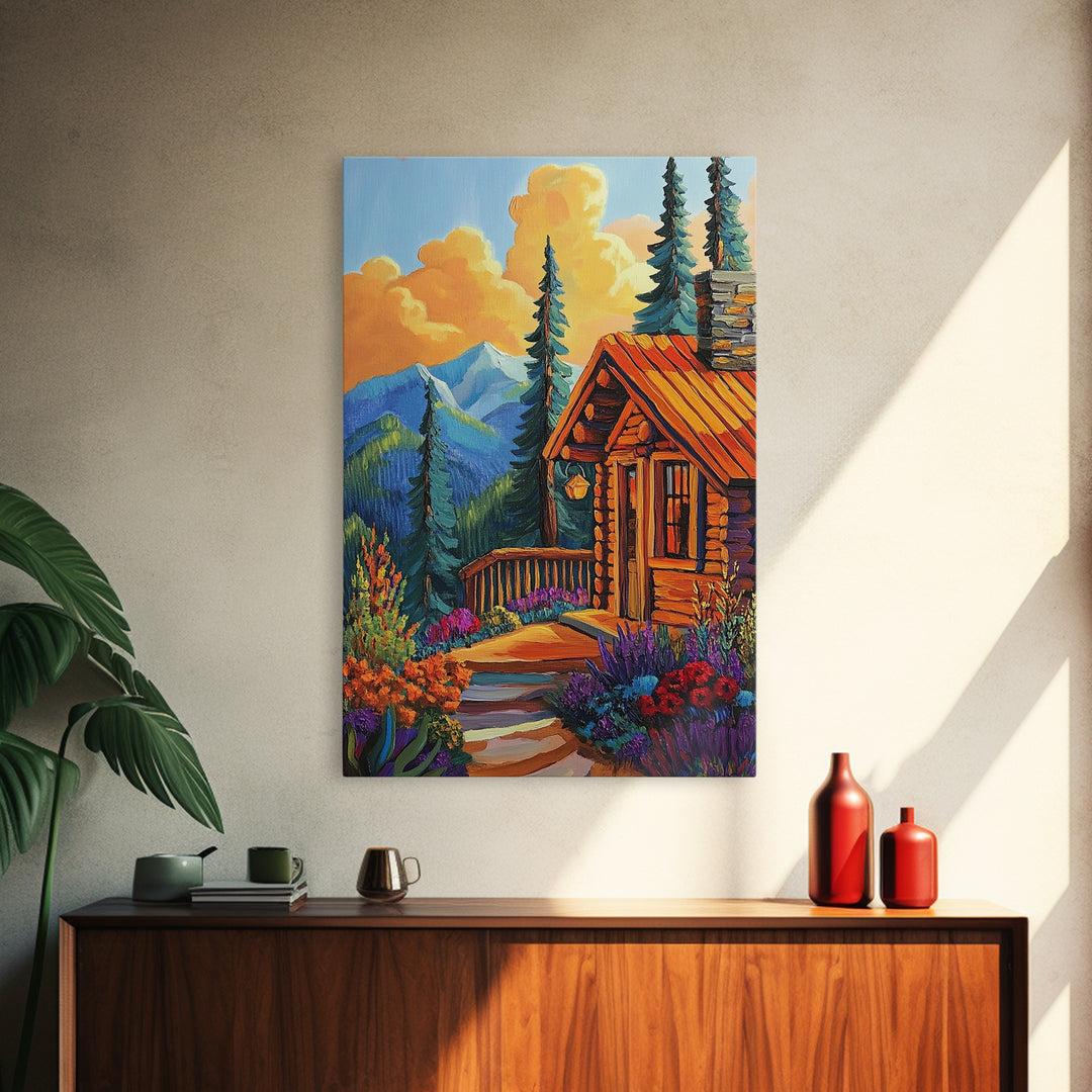 Cabin Escape, Fall Glow, Mountain Forest, Rustic Beauty, Canvas Print, Autumn Wall Art, Log Cabin Decor, Cozy Living Room Accent