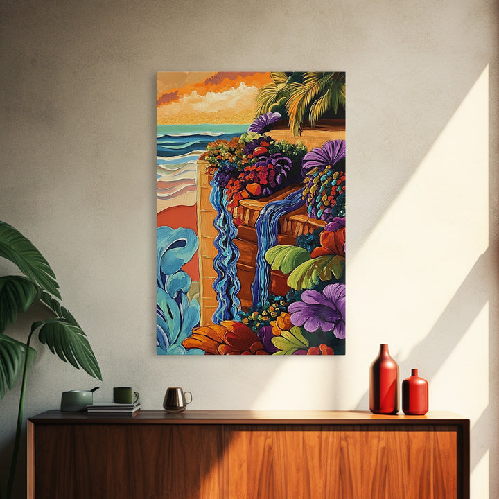Tropical Garden Waterfall, Coastal Wall Art, Sunset Jungle Scene, Framed Canvas Print, Vibrant Nature Painting, Living Room Boho Art