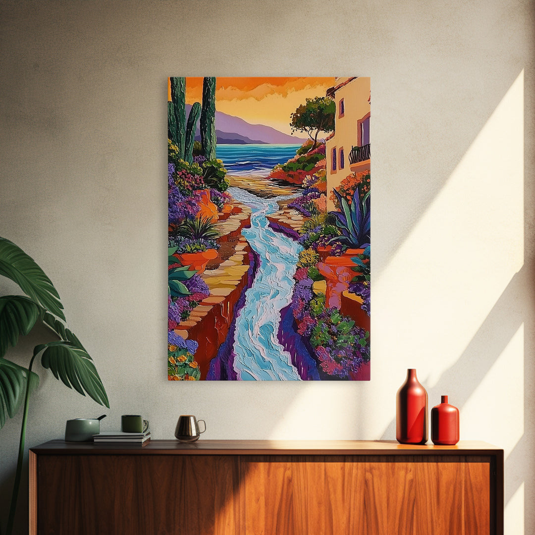 Coastal Pathway Stream, Sunset Cactus Art, Vibrant Garden Trail, Canvas Print, Mediterranean Landscape, Kitchen Wall Decor, Boho Art