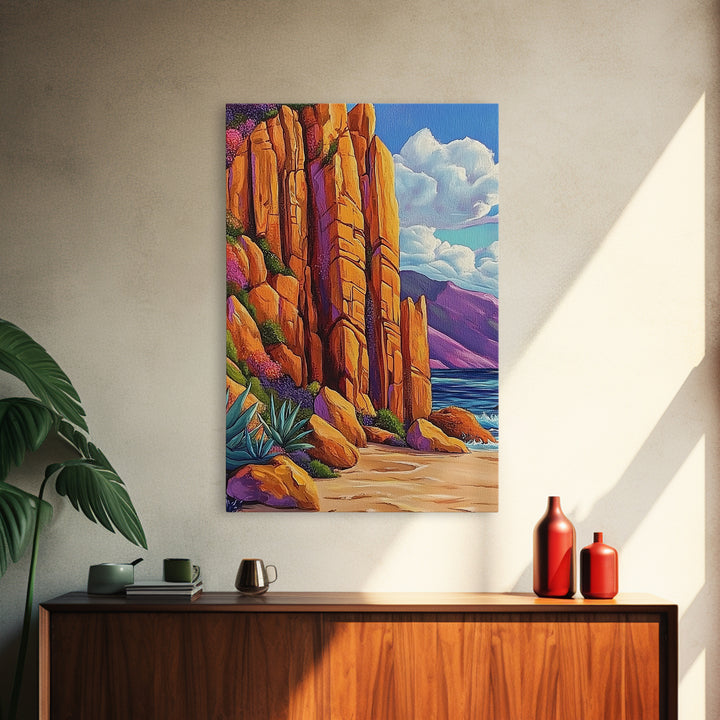 Desert Cliffs and Sea, Coastal Rock Formation, Vibrant Shoreline Scene, Canvas Print, Living Room Wall Art, Bold Nature Painting