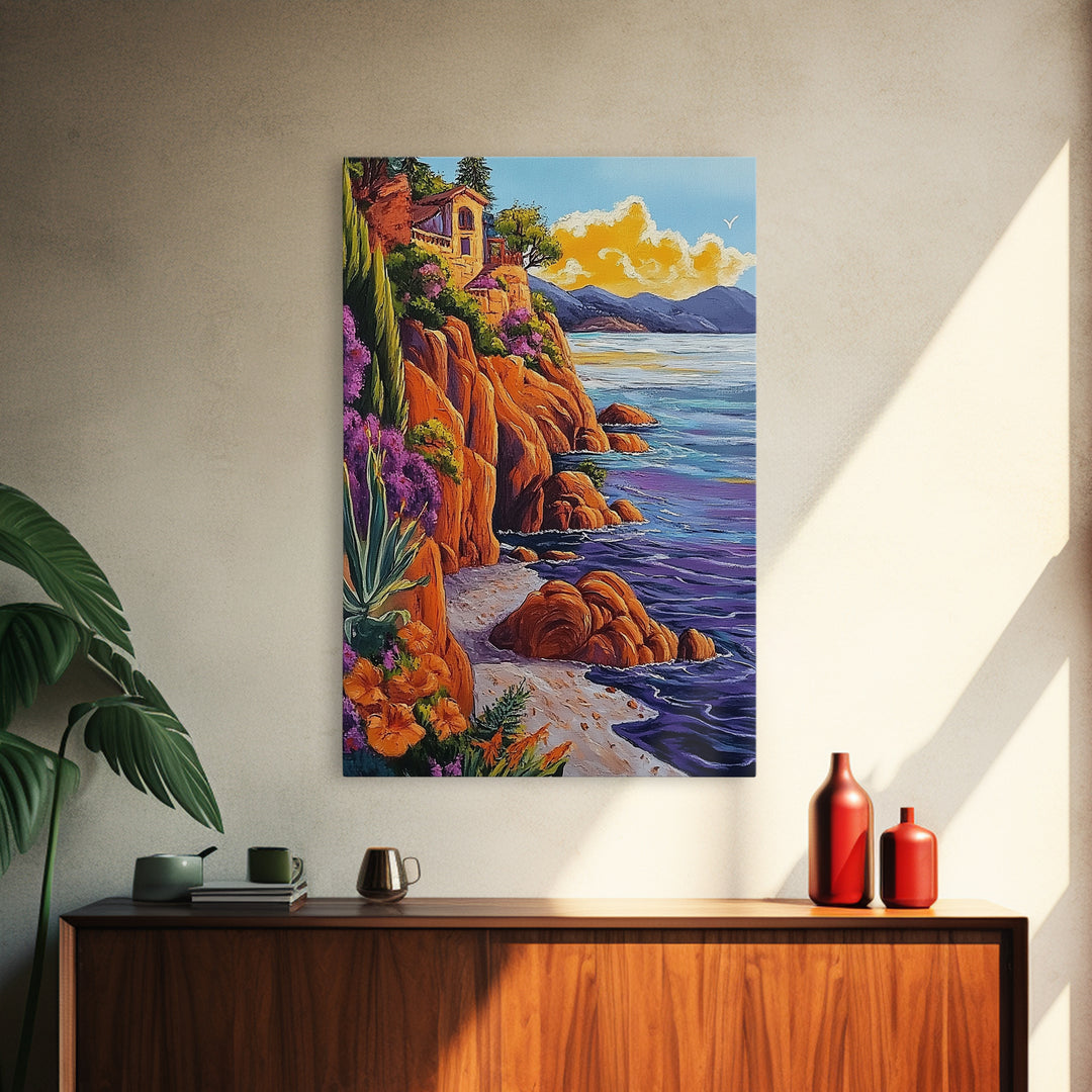 Ocean Cliffside Villa, Seaside Sunset Art, Purple Water Shoreline, Canvas Print, Kitchen Wall Art, Vibrant Mediterranean Landscape