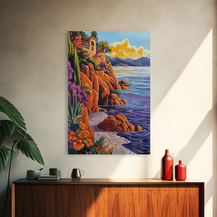 Ocean Cliffside Villa, Seaside Sunset Art, Purple Water Shoreline, Canvas Print, Kitchen Wall Art, Vibrant Mediterranean Landscape