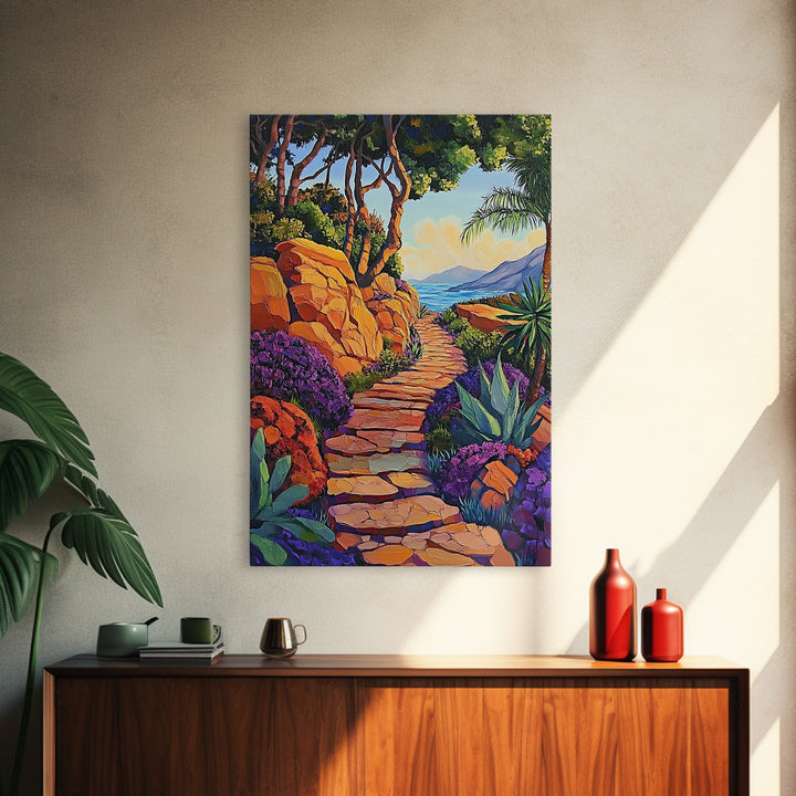 Coastal Trail, Vibrant Path, Tropical Landscape, Nature Art, Sunset Vibes, Living Room Wall Art, Canvas Print, Boho Chic Decor