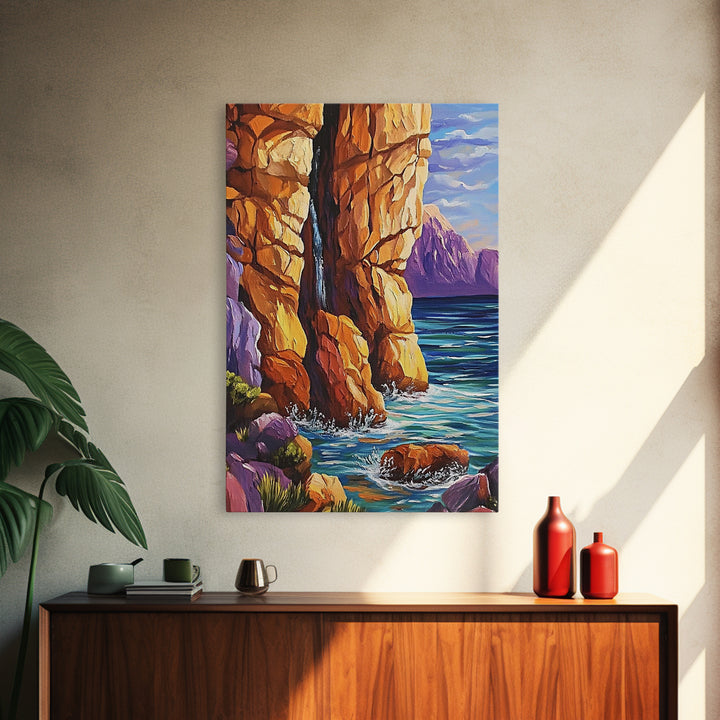 Canyon Waterfall, Ocean Cliffs, Nature Escape, Rugged Landscape, Fall Season Decor, Living Room Wall Art, Framed Canvas Print