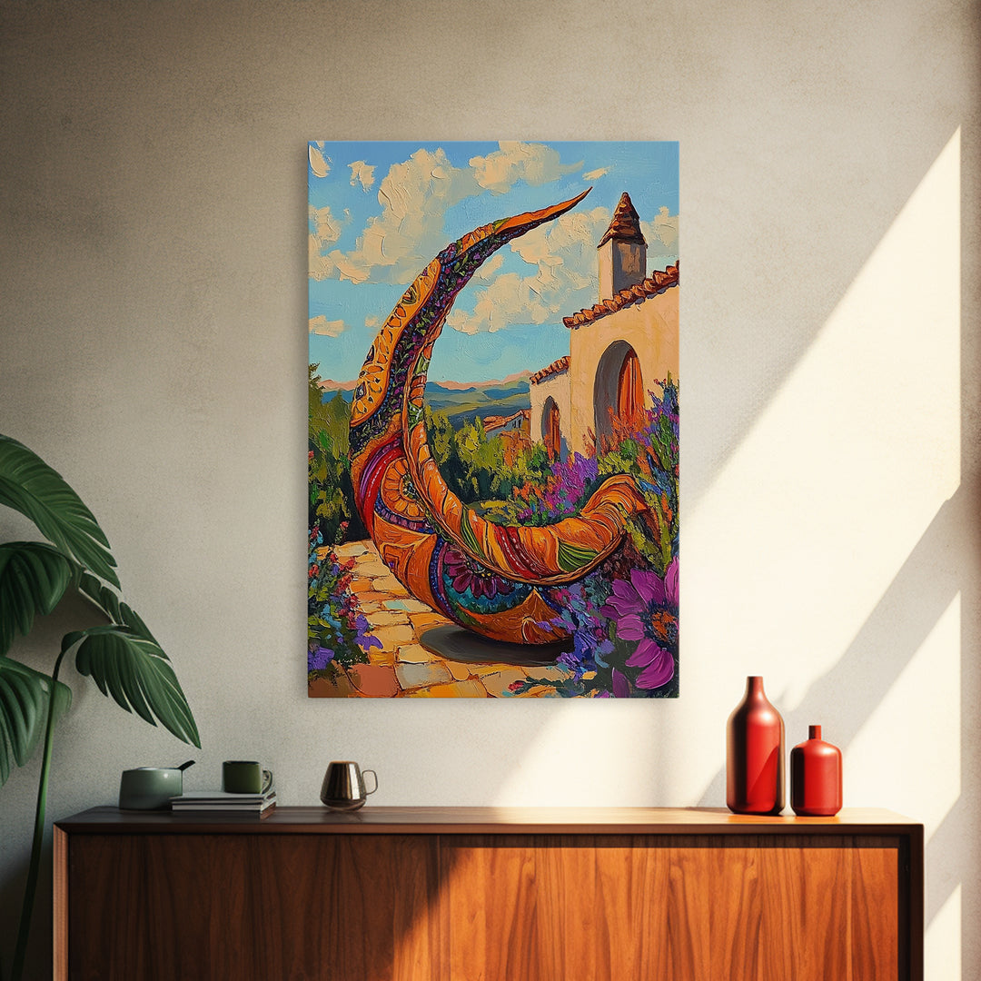Crescent Sculpture, Sunset Courtyard, Boho Garden Art, Vibrant Southwest Style, Outdoor Decor, Framed Canvas Print, Patio Wall Art