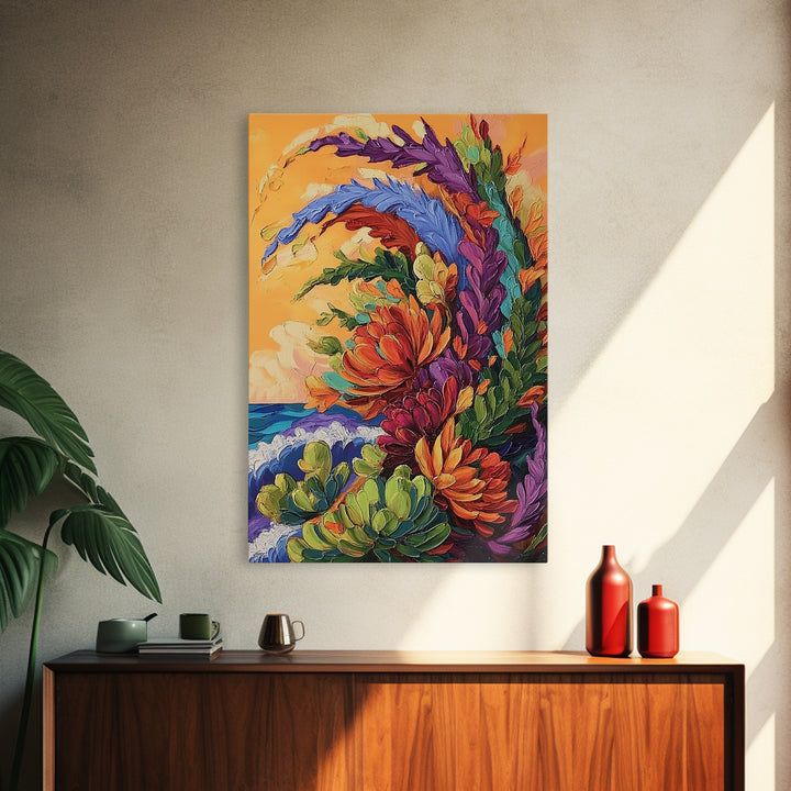 Abstract Florals, Bold Beach Scene, Coastal Flower Art, Vibrant Wall Accent, Kitchen Wall Art, Boho Style, Canvas Print, Sunset Tones